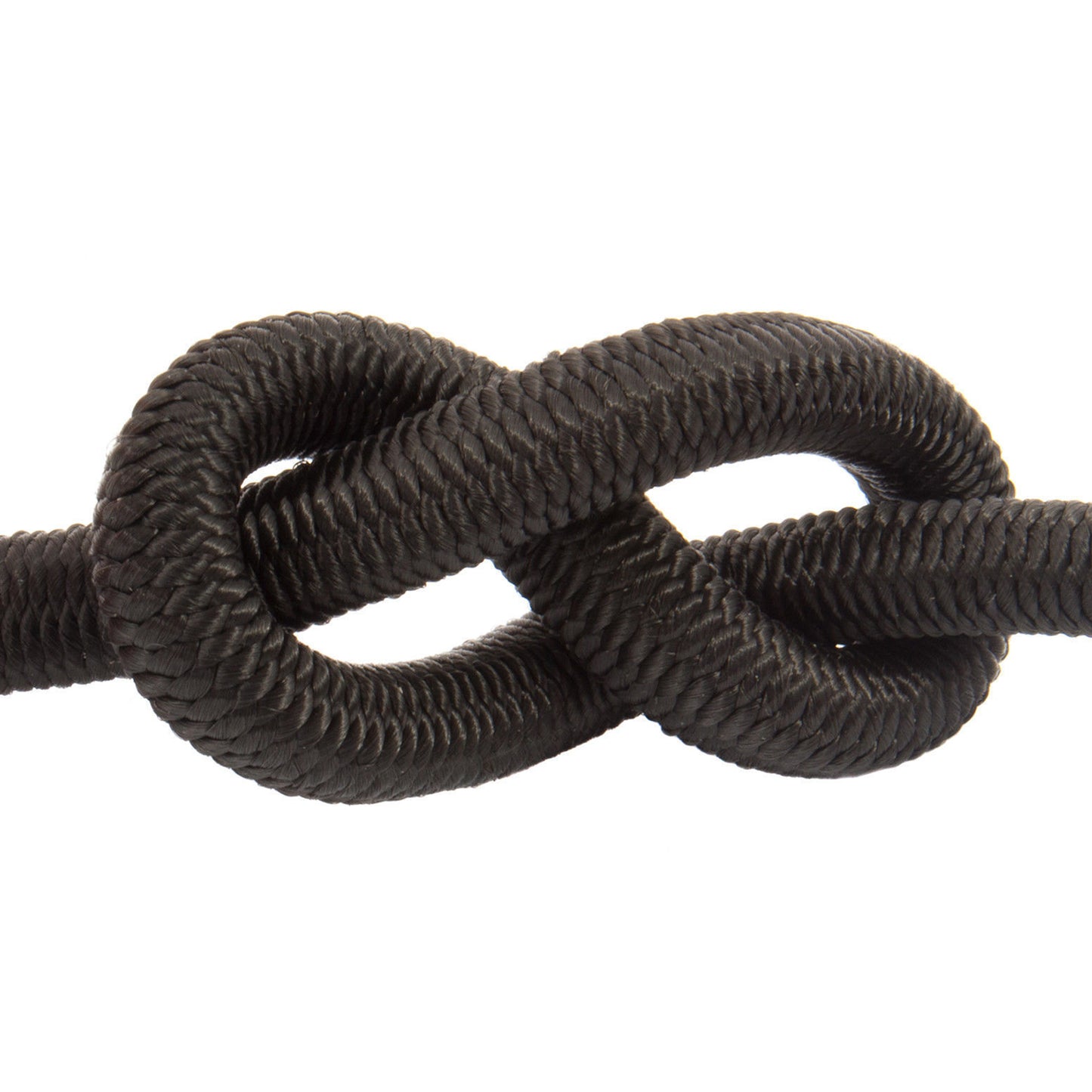 A knotted piece of cord rope in black very close up to show off its strength and durability