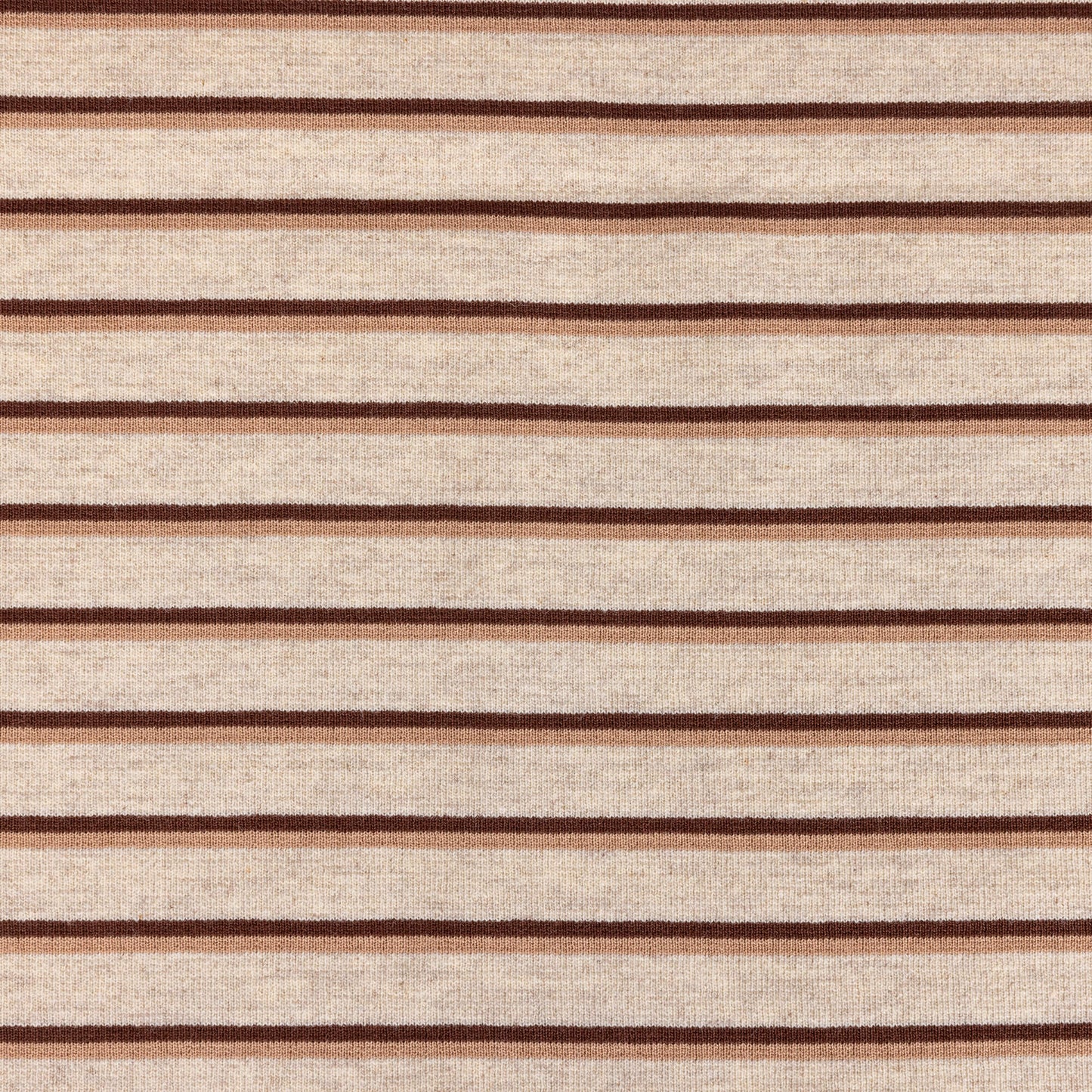 A horizontal view of Ecru, brown and beige striped soft t-shirt material in a jersey fabric for making clothing or crafting projects.