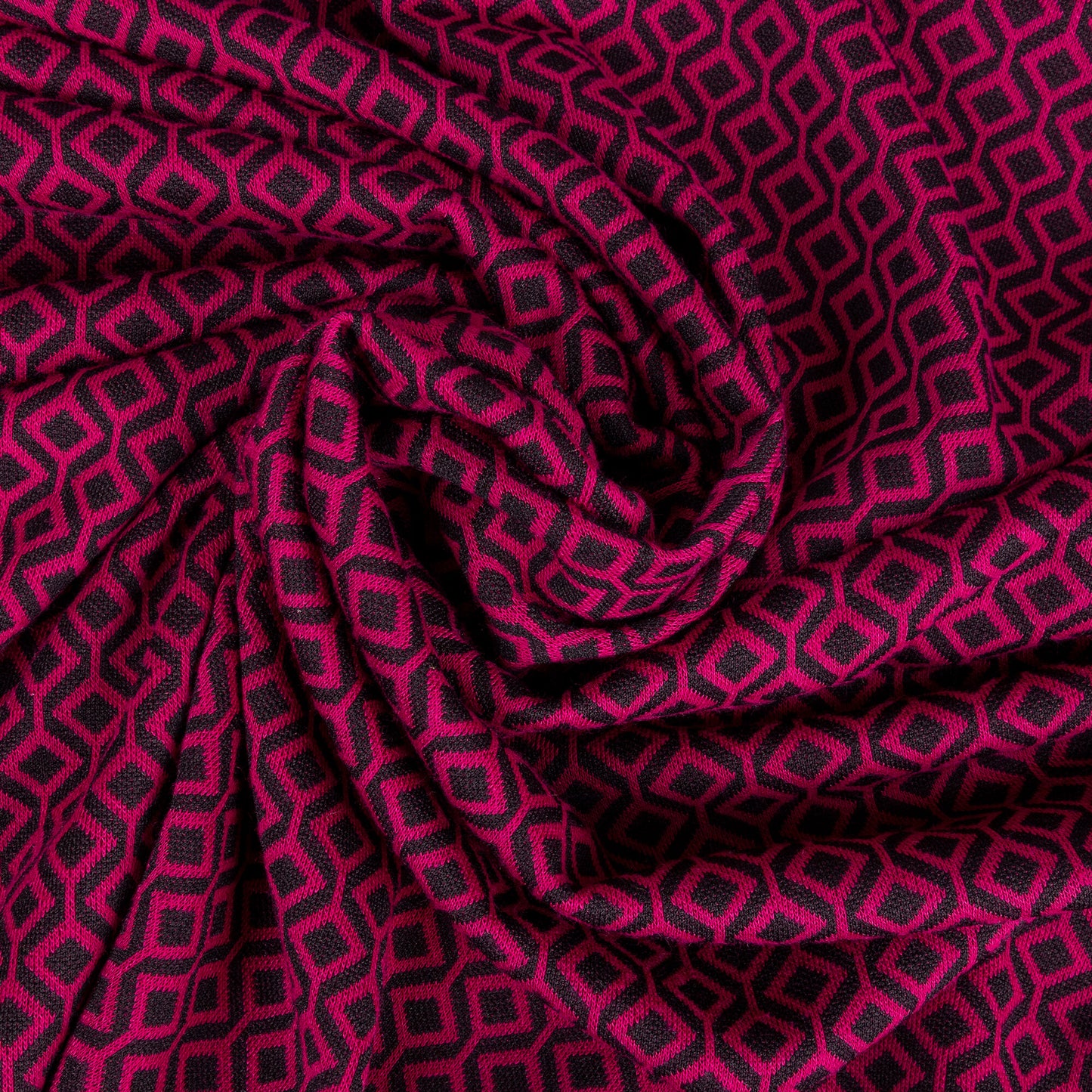 A swirl of black and burgundy jacquard print on a lovely stretch jersey fabric, the fabric takes up the whole image.