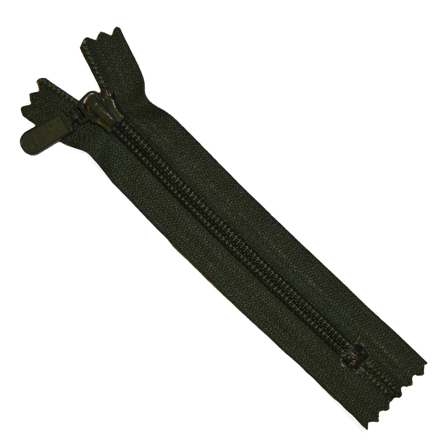 A green khaki zip on its own against a white background.