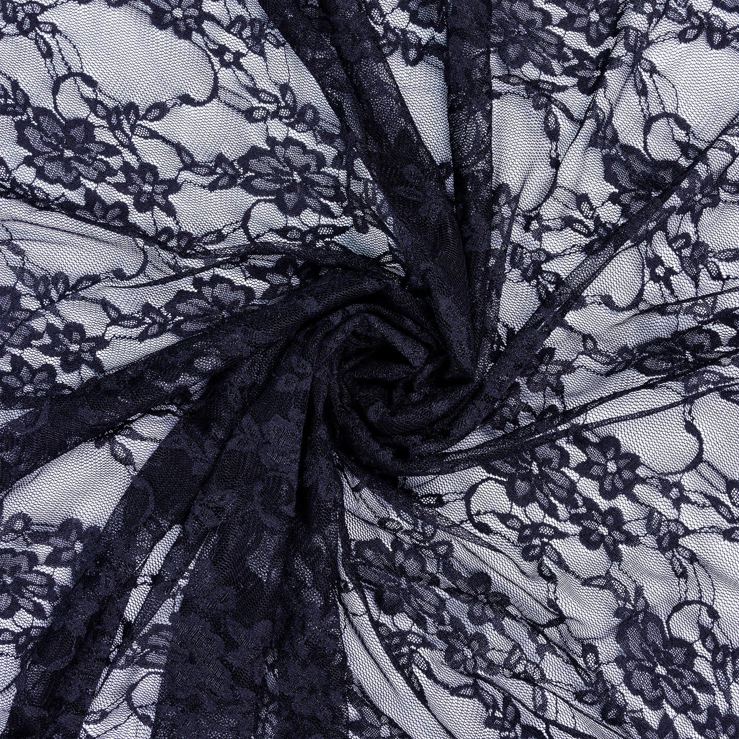 close up of twisted fabric black lace fabric showing net parts and beautiful flowers