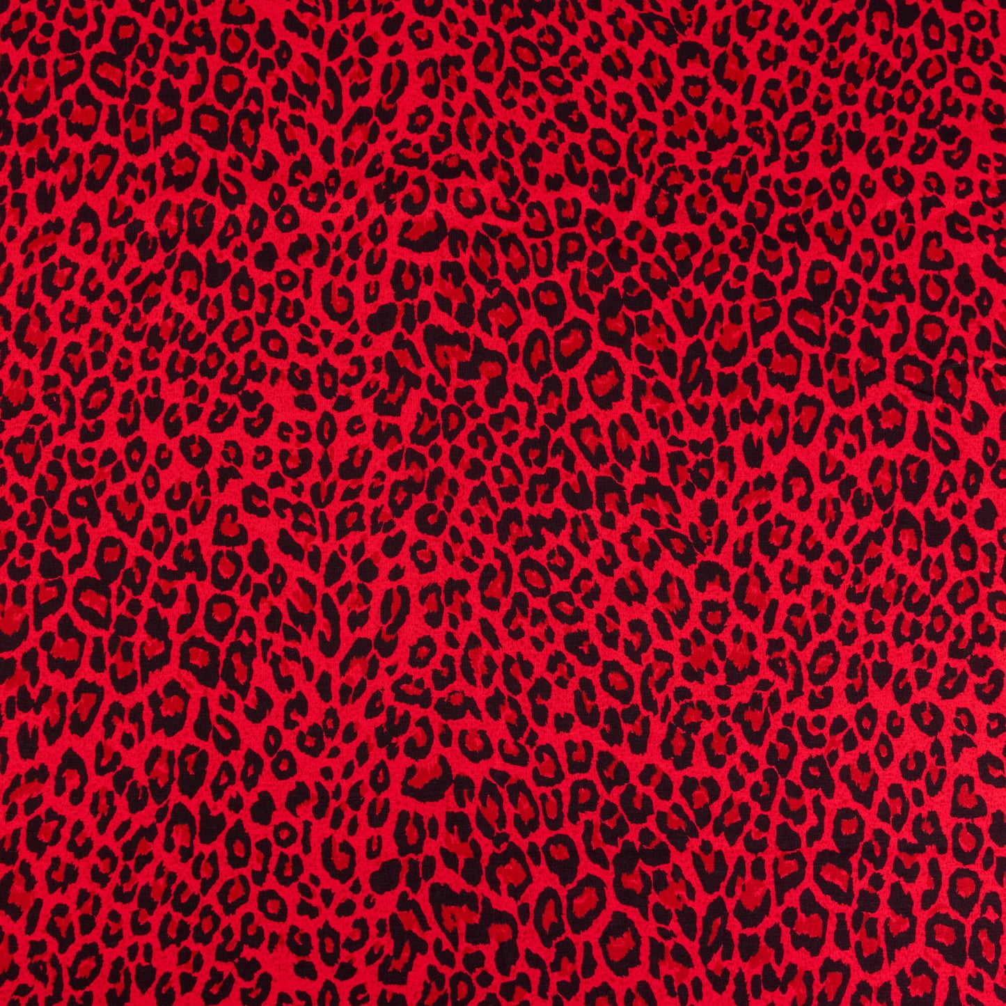 A wide of bright red and black leopard print fabric in a soft jersey t-shirt weight perfect for crafting
