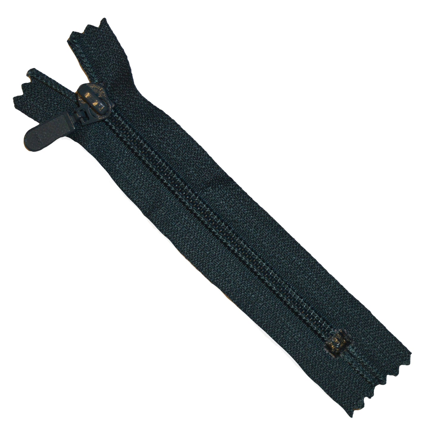 A close look at a dark green zipper ready to be fitted to a project.