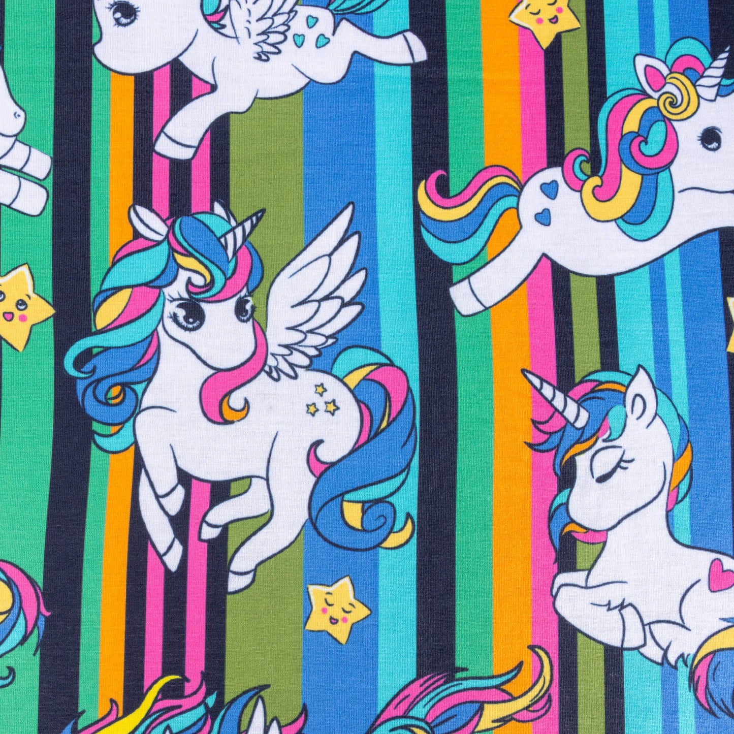 A close up of Jersey fabric featuring unicorns and flying unicorns with pink, blue and yellow flowing hair against a background of pink, blue, yellow, green and black stripes. There are also cute smiley stars