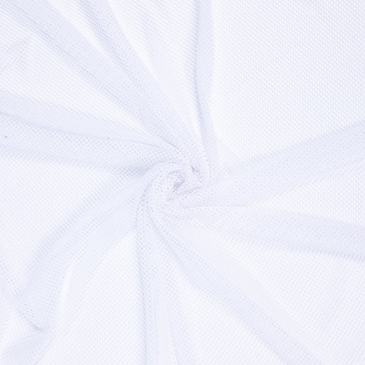 A swirl of the white fishnet stitch fabric showing off lots of tiny holes on a clean white background