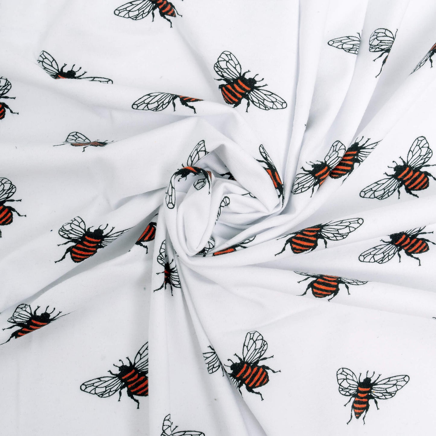 White fabric with a bee motif, shown in a gathered state to display texture. The bees have black and orange striped bodies with transparent wings, forming an evenly spaced, repeating pattern across the fabric