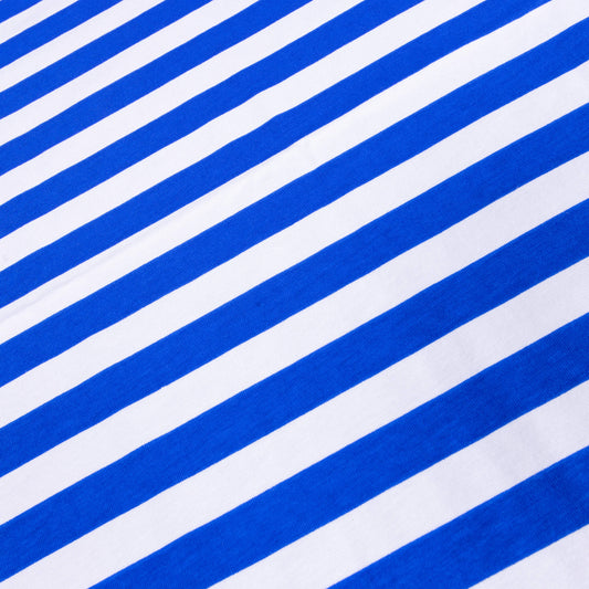 a horizontal image of bright blue and white striped t-shirt weight stretch fabric for craft projects and making clothing