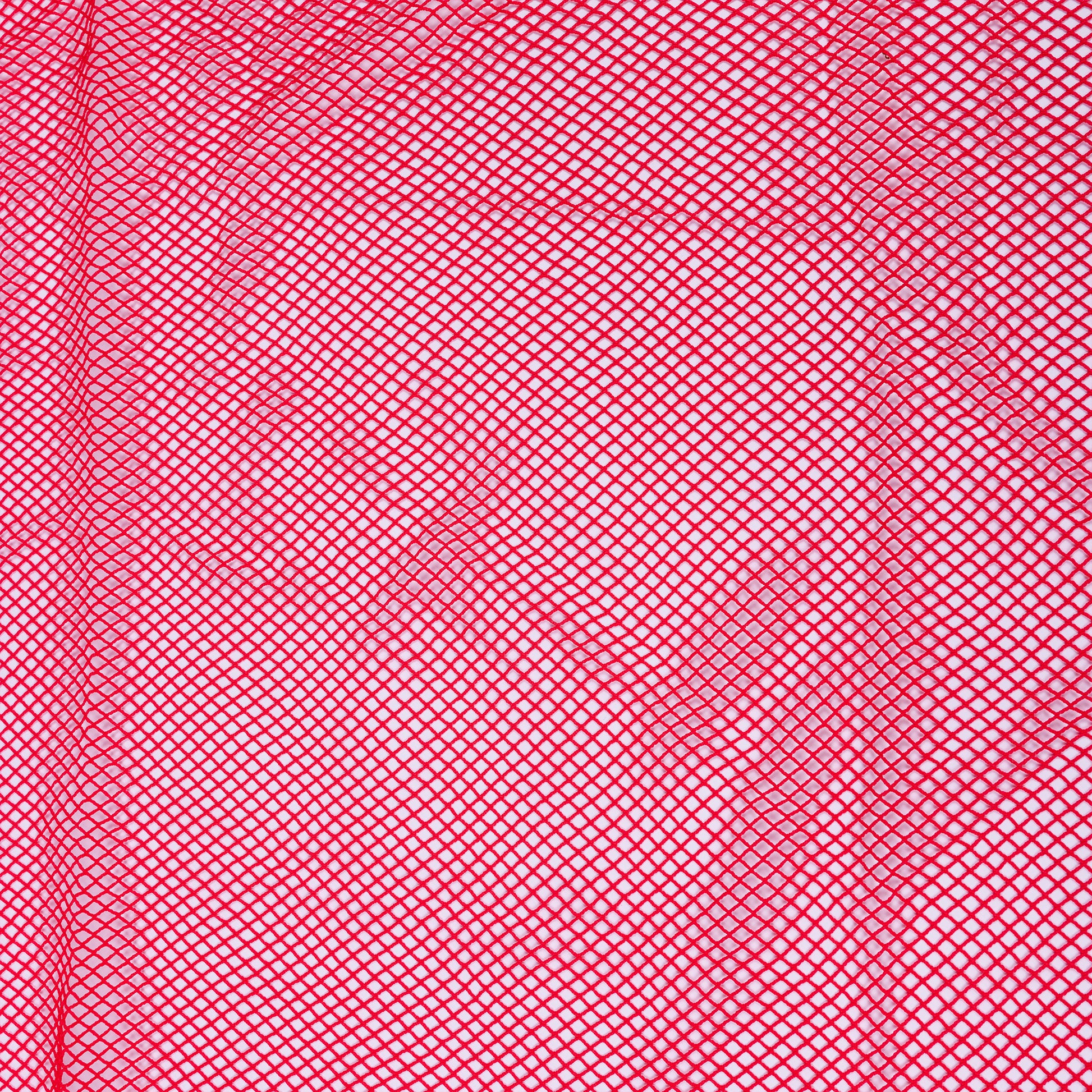 a close up of red fishnet fabric on a white background 