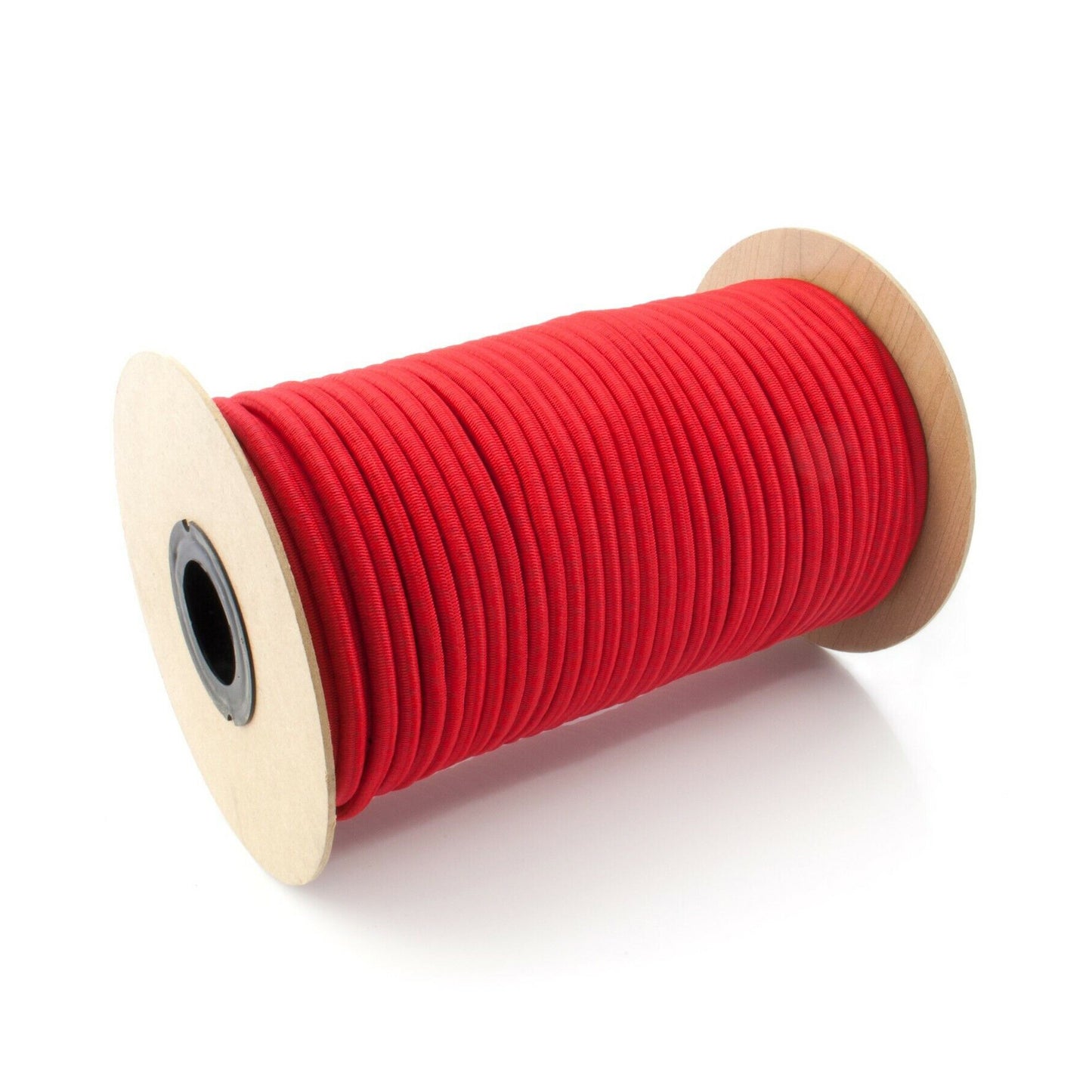 a wide shot of a whole spool of red bungee cord with 4mm thickness on a white background