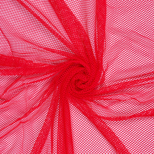 A swirl of bright red stretch fishnet fabric against a white background