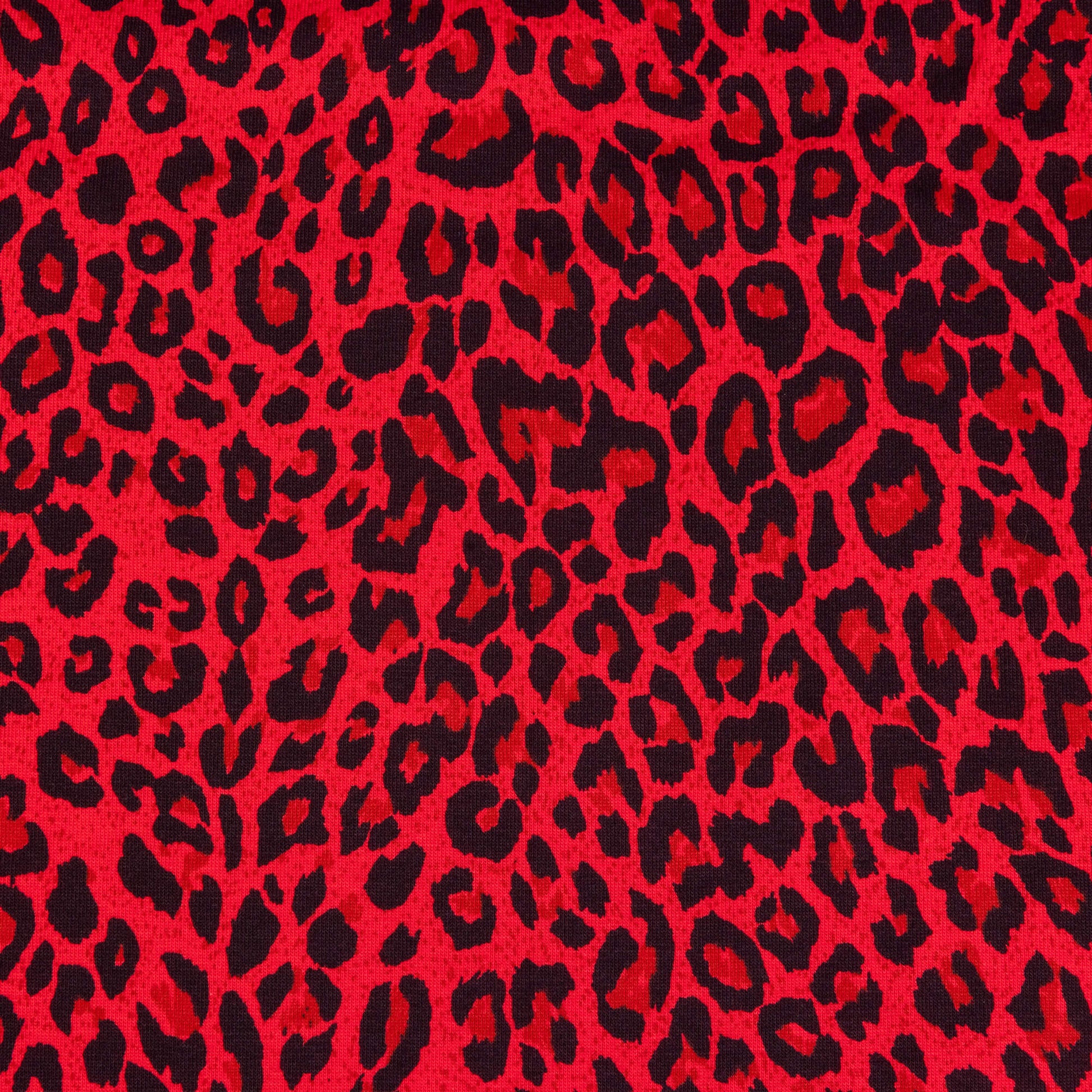 A close up of bright red and black leopard print fabric in a soft jersey t-shirt weight perfect for crafting
