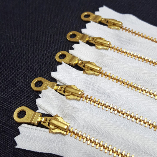 Pack of 5 White Brass Jean Zip Heavy Duty Closed End 17cm / 7"